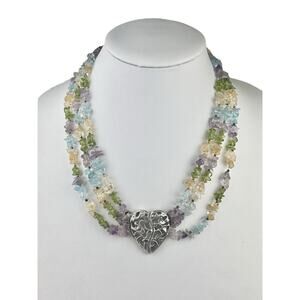 Multistrand Gemstone Chip Necklace 19.75" Sterling Silver Heart Pendant Clasp